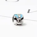 Cute silver monster bead with blue enamel ears and sparkling rhinestone eyes for DIY bracelets - Silver & Blue