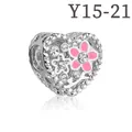 Silberner hohler Herz-Charm mit rosa Emaille-Blume und Sterndetails für Armbänder - Rosa Blume Stern Hohlherz (Y15-21)