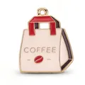 Pink and gold enamel coffee bag charm with red handles and coffee bean icon - Light Coffee Gold Edge Takeout Bag