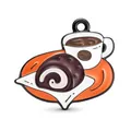 Vintage coffee and cake enamel charm with white cup and chocolate roll on orange tray - Orange Black Edge Coffee Dessert