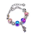 Rainbow DIY unicorn charm bracelet with blue and pink glass beads and silver chain - 14cm / Colorful