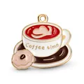 Vintage red coffee cup and pink donut alloy pendant with Coffee Time engraving - Light Brown Gold Edge Latte Art Cup