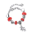 Unicorn charm bracelet with red crystal beads and silver snake chain for girls - Red