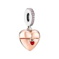 Rose gold heart charm pendant with pink cubic zirconia and red enamel heart detail - Rose Gold Heart Lock Style (L3-58)