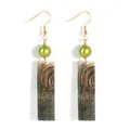 Detail of gold ear hooks with green pearls and iridescent carved shell rectangles - Arc and Dot Engraved Style (HWB4323-5) / Grass Green Shell (HWB4323-5)