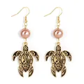 Tropical gold turtle drop earrings with pink pearls and black enamel detailing - Light Pink Bead (HWNX9436-2)