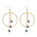 Detail of gold hammered hoop earrings with triple hanging chains and grey pearl accents - Deep Gray (HWX1742-12)