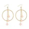 Golden hoop drop earrings with pink pearl tassels and hammered metal texture - Pale Pink (HWX1742-6)
