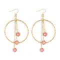 Elegant gold hammer-textured hoop earrings with chain tassels and coral pink faux pearls - Coral Pink (HWX1742-8)