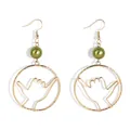 Detail of Shaka gesture earrings featuring golden frames and olive green pearls - Olive Green (HWX1674-5)