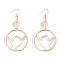 Detail of Shaka hand gesture earrings with pink pearls and golden wire hook - Pink (HWX1674-6)