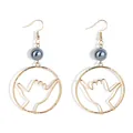 Detail view of gold Hawaii Shaka hand gesture earrings with grey pearl accents - Dark Gray (HWX1674-12)