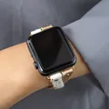 Slim champagne gold leather and faux fur strap for Apple Watch with metal rivets - Gold and White Splicing (PLB7958)