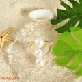 Anello aperto con tre perle e finitura in oro in stile tropicale hawaiano - Stile a Tre Perle Verticali a S (HEX3023-4) / Bianco (HEX3023-4)