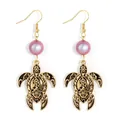 Vintage goldene Schildkröten-Ohrringe mit schwarzer Emaille und lila Perle - Rosa Violette Perle (HWNX9436-22)