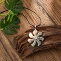 Hawaiian shell plumeria flower pendant necklace with black velvet cord for women - Six-Petal Flower Style (HWBN210)