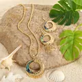 Golden sunflower jewelry set with natural abalone shell on tropical beach background - Sea Wave Style (HWNX2460)