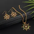 Golden sunflower jewelry set with abalone shell inlays featuring a necklace and earrings - Ship Rudder Nautical Style (HWNX2692)