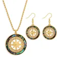 Detail of sunflower jewelry set with natural abalone shell and gold-plated chain - Compass Octagram Style (HWNX2725)