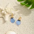 Bohemian blue sea glass drop earrings with gold wire wrapping on beach sand - Blue (HWG280-1)
