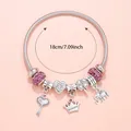 Pink heart charm bracelet with sparkling beads and Princess crown pendant in silver finish - Purple