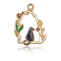 Golden flower cat pendant with black cat silhouette and purple enamel floral design - Vintage Black Cat Back View Style