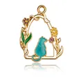 Golden alloy cat charm with teal enamel and floral accents for DIY jewelry making - Vintage Blue Cat Back View Style