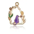 Golden alloy cat pendant with purple enamel and floral details for DIY jewelry - Vintage Purple Cat Back View Style