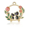 Alloy cat pendant with pink tulips and rhinestones for DIY jewelry making - Rhinestone Round Vintage Double Black Cats Style