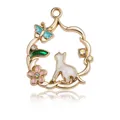 Golden cat wreath pendant with blue butterfly and crystal accents for DIY jewelry - Rhinestone Round White Cat Vintage Style