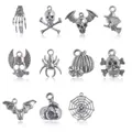 Lot de breloques Halloween en argent vieilli avec crânes, chauves-souris et araignées - Ensemble de Breloques d'Halloween Mixtes