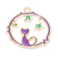Pendentif chat doré avec émail violet et étoiles pour la création de bijoux DIY - Chat Évidé Violet