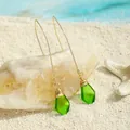 Handmade green sea glass teardrop earrings with gold wire wrap on beach sand - Emerald Green (HWG016-2)