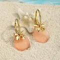 Fashionable gold hoop earrings with small flowers and frosted orange sea glass drops - Orange Pink Style (HWG018-4)