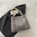 Sac fourre-tout chic à imprimé léopard avec anses tressées crème et grand volume - Sans Pendentif / Blanc