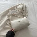 Crèmewitte geweven Boston-tas met gouden Fashion-logo en verstelbare schouderriem - Geweven Textuur (WX405) / Geweven Wit