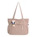 Minimalist corduroy tote bag with side pockets and a cute bear plush pendant charm - Khaki With Pendant