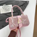 Pink PU crossbody square bag with stylish abstract logo print and golden D-buckle - Pink