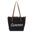 Grande borsa tote in tela nera con ricamo Summer e manici in pelle marrone da donna - Nero