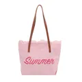 Borsa tote in tela rosa con ricamo Summer rosso e manici in similpelle marrone - Rosa