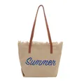 Borsa tote in tela kaki con ricamo Summer blu e tracolle in pelle marrone - Cachi