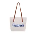 White canvas tote bag with blue Summer lettering, brown leather straps, and fringe detail - White