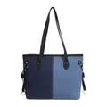 Fashionable contrast denim tote bag with blue patchwork design and black top handles - Dark and Light Blue Patchwork (Style 1)