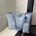 Chic light blue pleated tote bag with wave embroidery and mini matching pouch - Blue