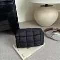 Chic black quilted makeup bag with square pattern and zipper for daily travel storage - Black