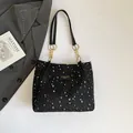 Black tote bag with white star print and gold chain strap in minimalist style - Black without Pendant
