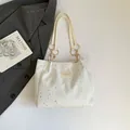 Cream white tote bag with silver star patterns and gold chain shoulder strap - White Without Pendant