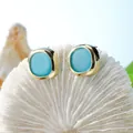 Bohemian sea glass stud earrings with gold plating and sky blue geometric stones - Sky Blue Soft Style (HWG016-4)