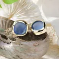 Bohemian gold plated sea glass stud earrings with blue irregular resin center - Light Blue Frosted Style (HWG016-1)