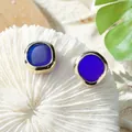 Bohemian style dark blue sea glass earrings with gold plated rim on white coral background - Deep Blue Frosted Style (HWG016-5)
